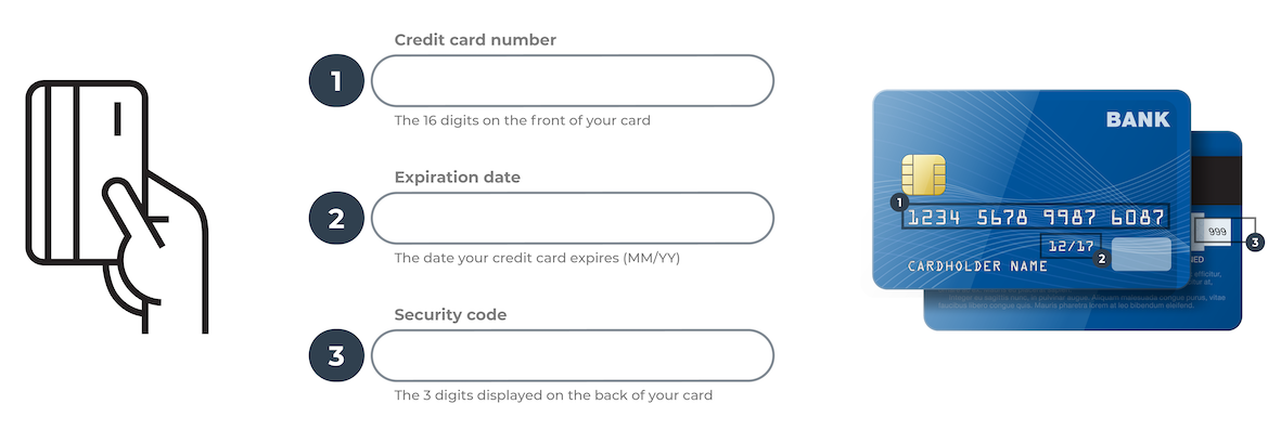 Screenshot of a credit card payment system with useful labels and instructions for the credit card number, expiration date, and security code.
