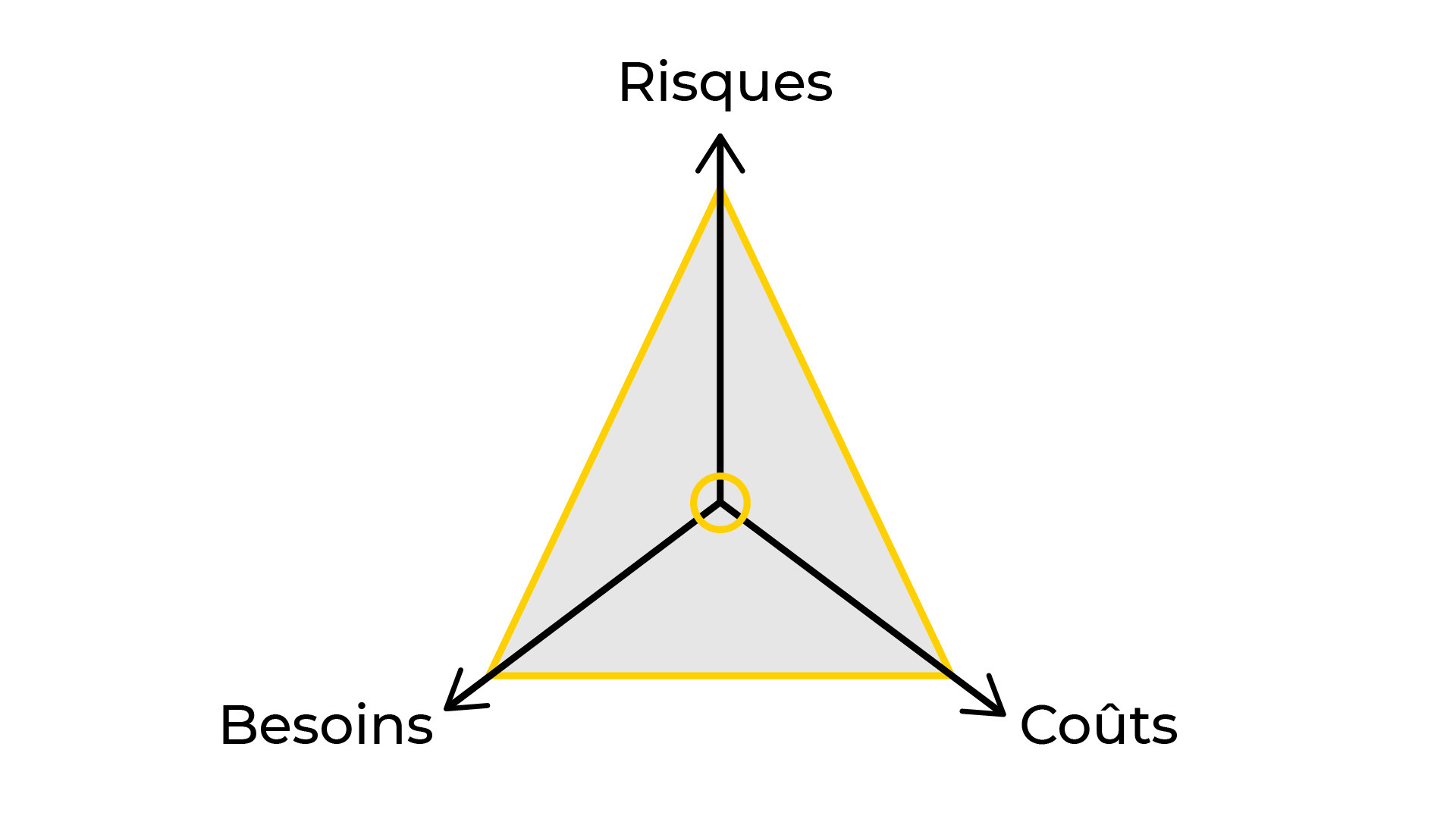 triangle avec à chaque angle écrit risques, besoins et coûts pour dire qu'il faut trouver le juste équilibre