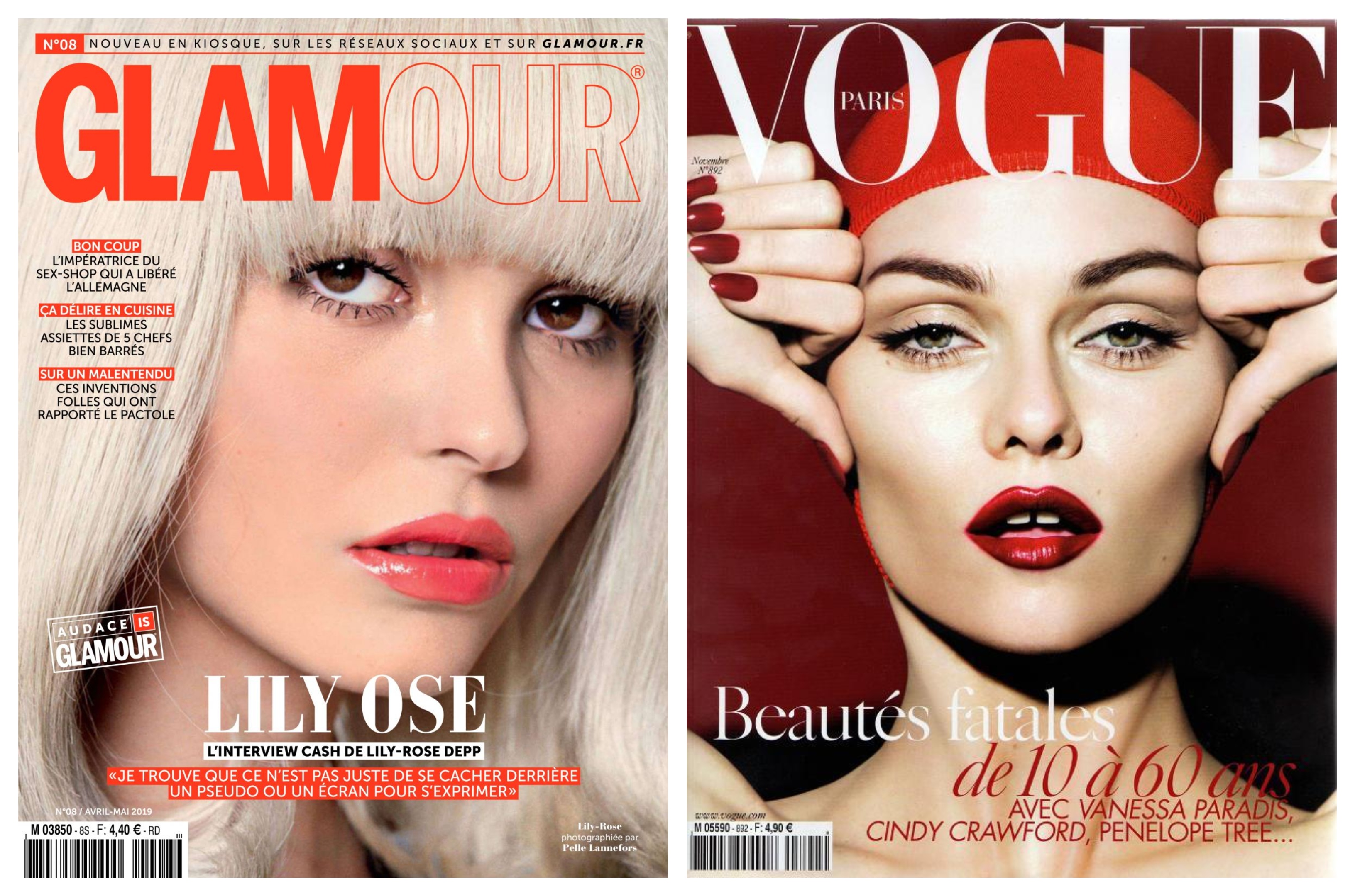 Couvertures des magazines Vogue et Glamour avec des titres difficiles à lire dans des typographies modernes.