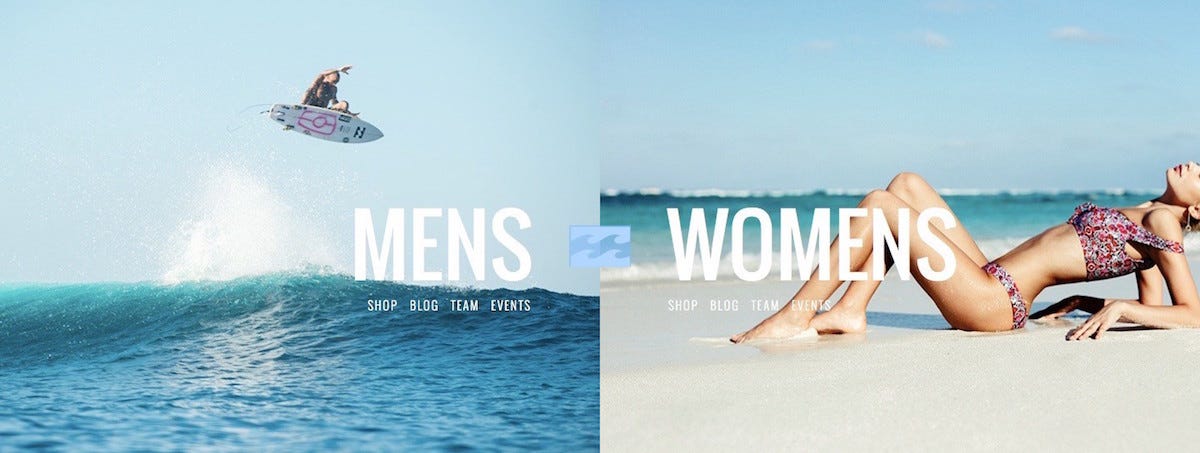 Billabong campaign poster;: with a man surfboarding and a woman sunbathing.