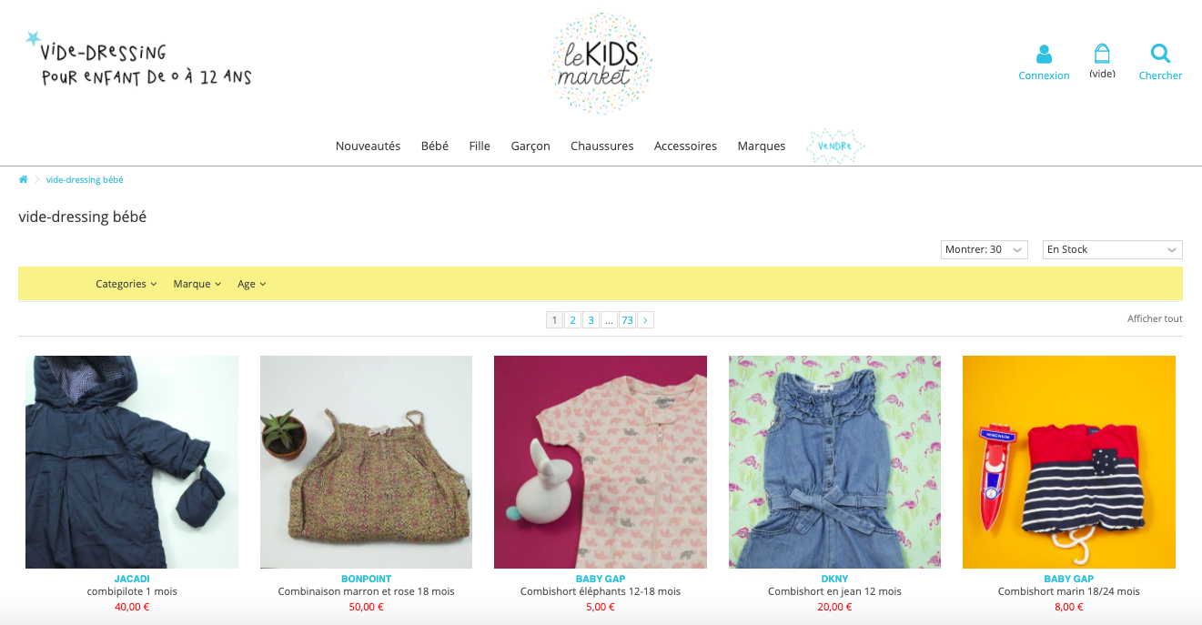 Capture d'écran de la page d'accueil du site Le Kids Market, vide dressing en ligne pour vêtements enfants / bébés