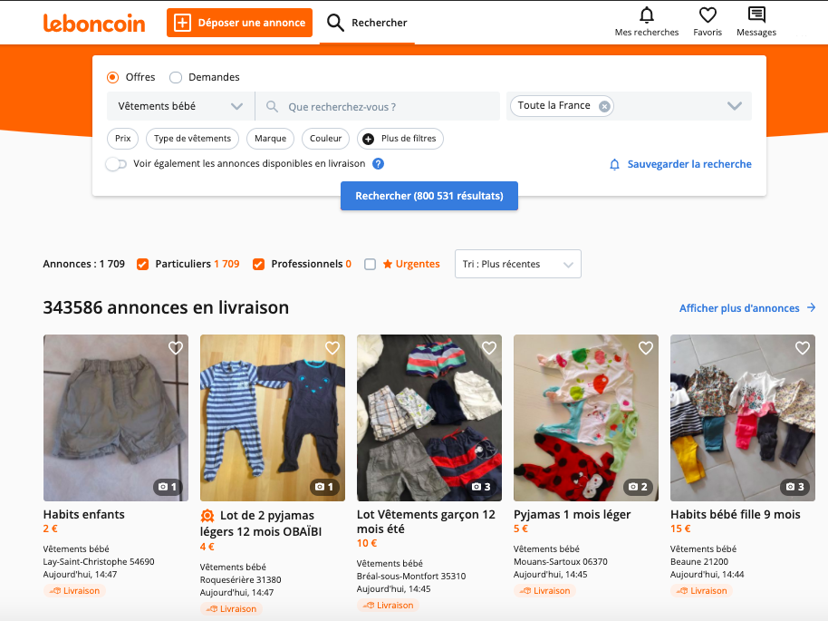 Capture d'écran du site Le Bon Coin, avec une requête de recherche