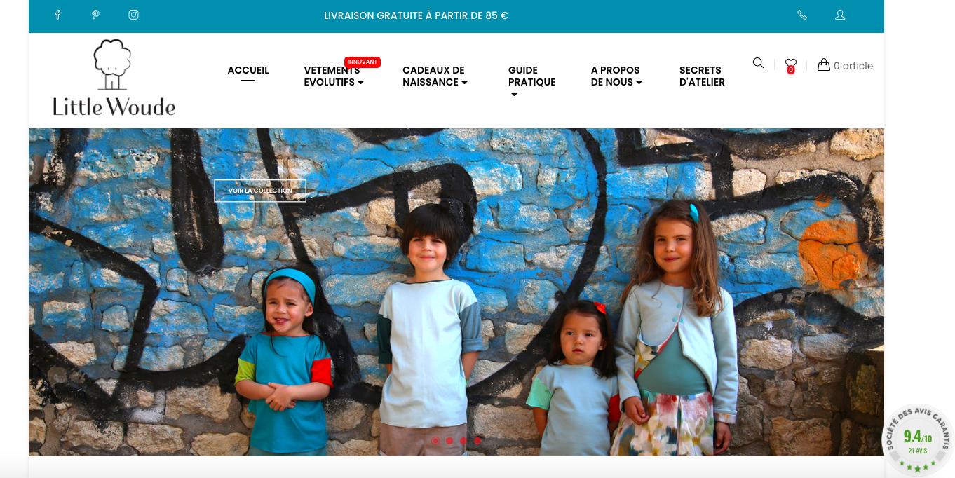 Screenshot of the Little Woude homepage. They specialize in clothing for children.