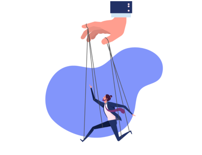 Une main invisible manipulant une personne, comme si c'était une marionnette.