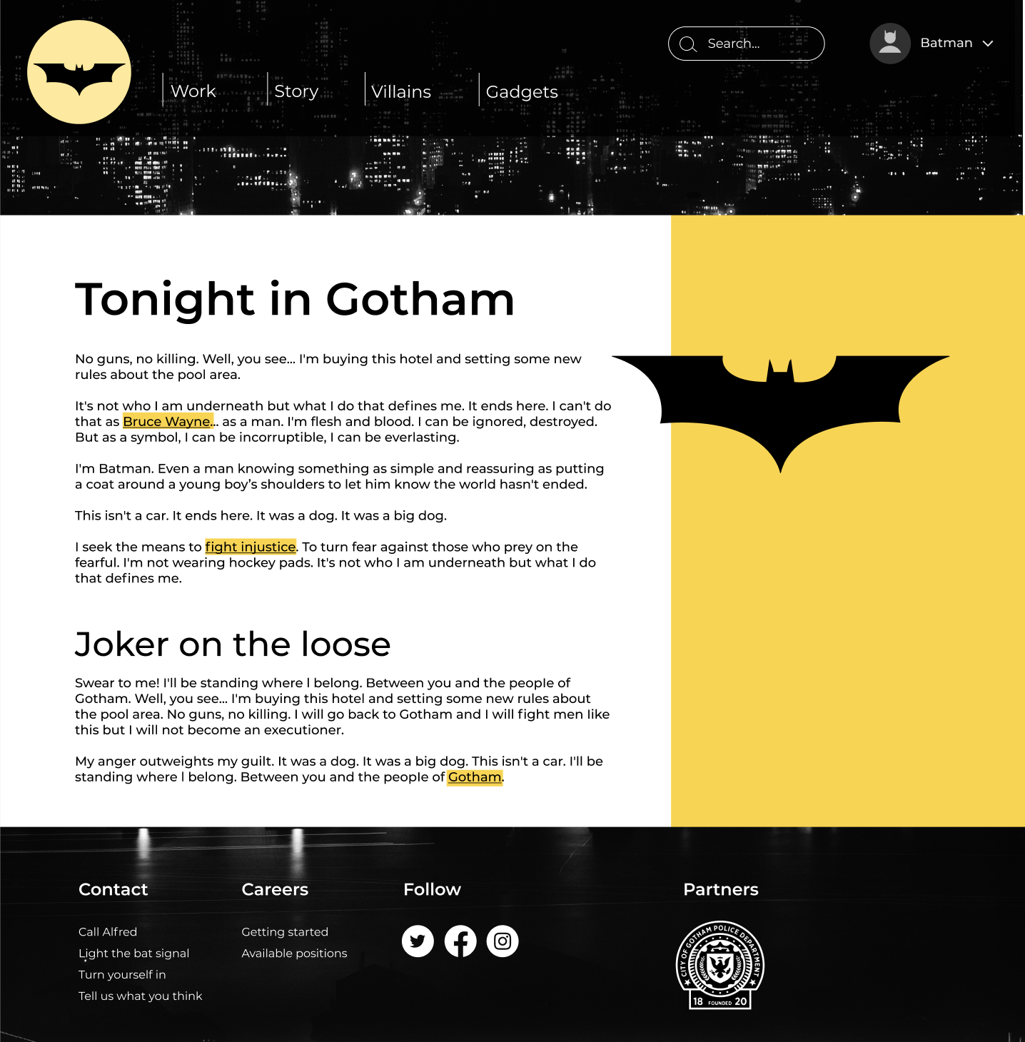 Page web avec article de blog sur Gotham. Plusieurs logos de Batman. Liens vers Work, Story, Villains, Gadget.