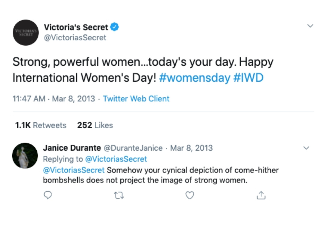 A post by Victoria's Secret on International Women's Day. A user responded negatively.