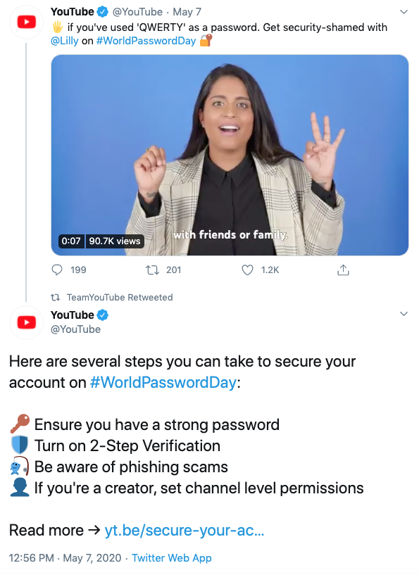 Screenshot of a Twitter thread from the verified Youtube account on World Password Day.
