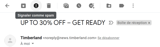 Extrait de messagerie présentant le bouton pour signaler un email en spam.