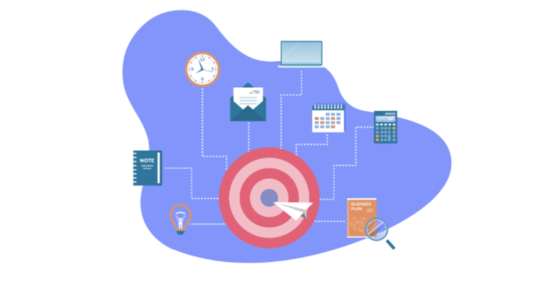 Image with a lot of icons representing different documents in a work environment, gathered around a target.