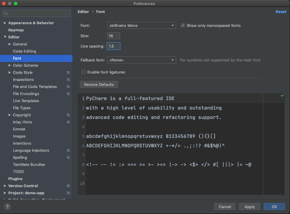 Changing font styles in PyCharm.