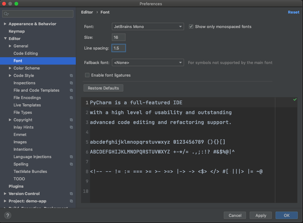 pycharm change font size