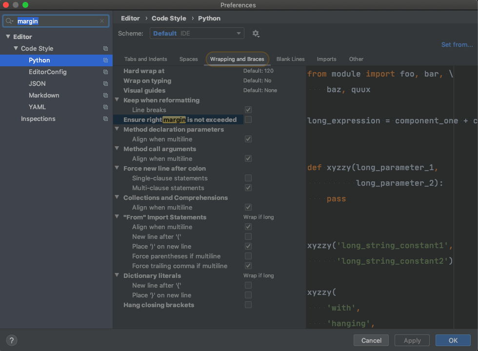 Configuring the PyCharm margin.