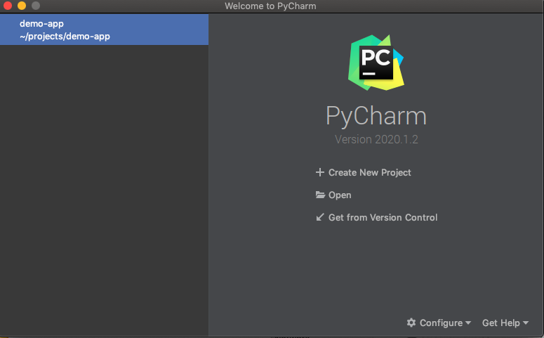 The PyCharm welcome screen.