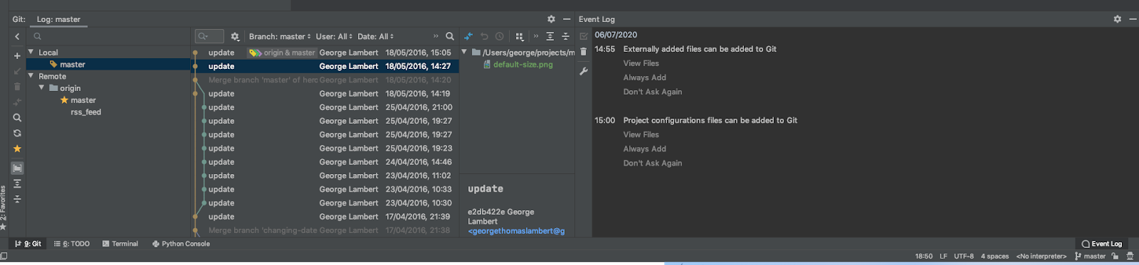 The PyCharm Git window.