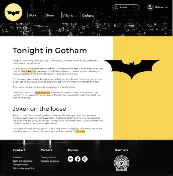 Webpage with a blog article about Gotham. Several Batman logos. Links to Work, Story, Villains, Gadgets.