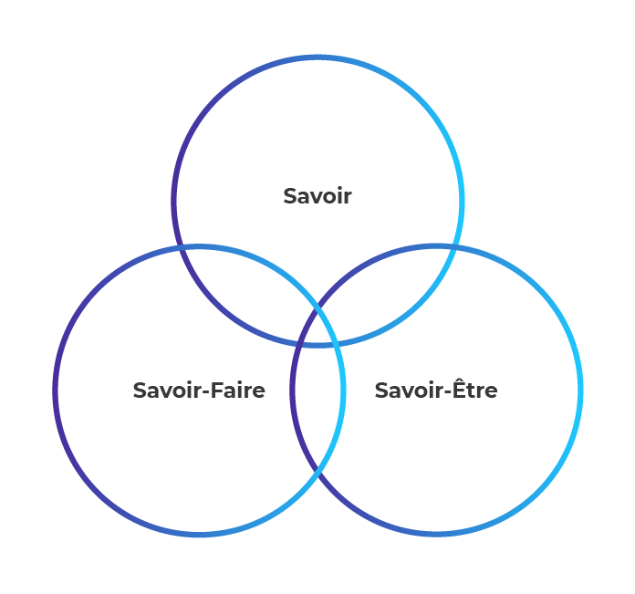 3 cercles entrelacés à la manière d'anneaux borroméens, nommés respectivement savoir-faire, savoir et savoir-être.