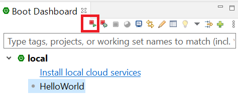 Le Boot Dashboard de STS donne accès à des actions pouvant être exécutées sur le projet HelloWorld. Par exemple, le démarrage du projet.