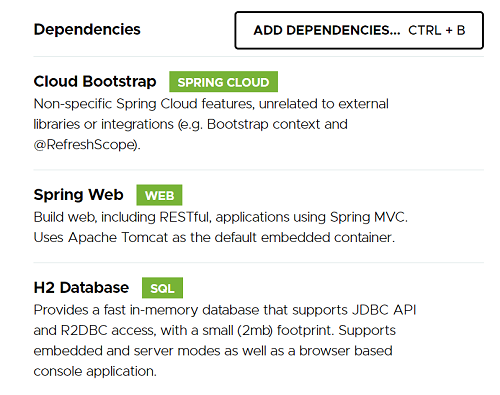 Cloud Bootstrap, Spring Web et H2 Database.