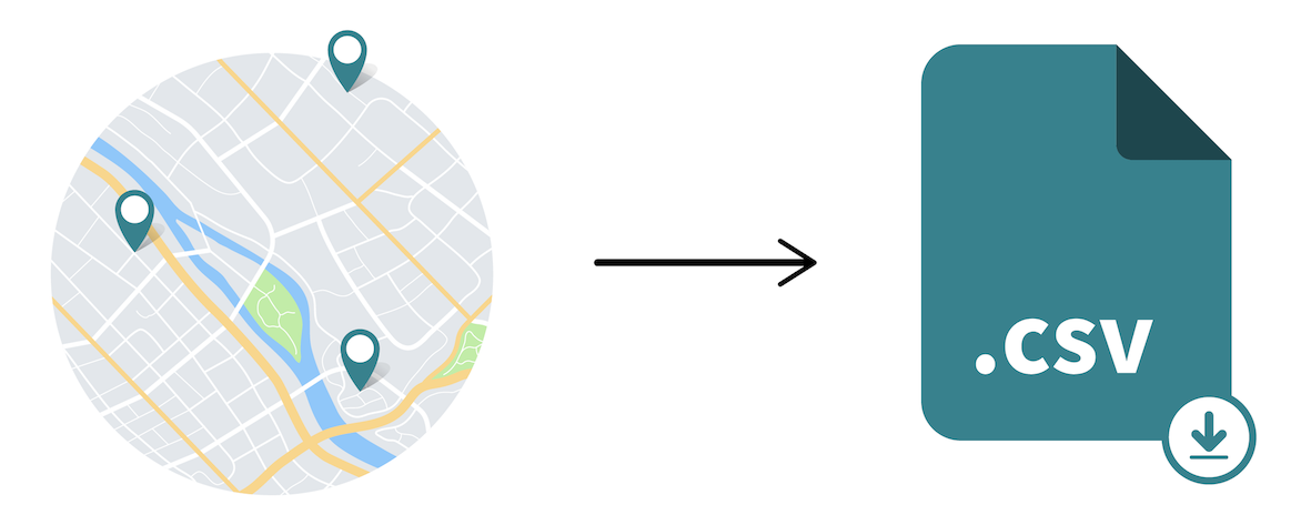 A Google maps image beside a CSV file, with an arrow flowing from the map to the file.