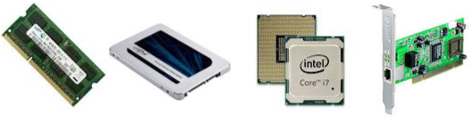 Exemples de composants : la RAM (mémoire vive), un disque SSD (stockage), le processeur CPU (puissance de calcul), la carte réseau