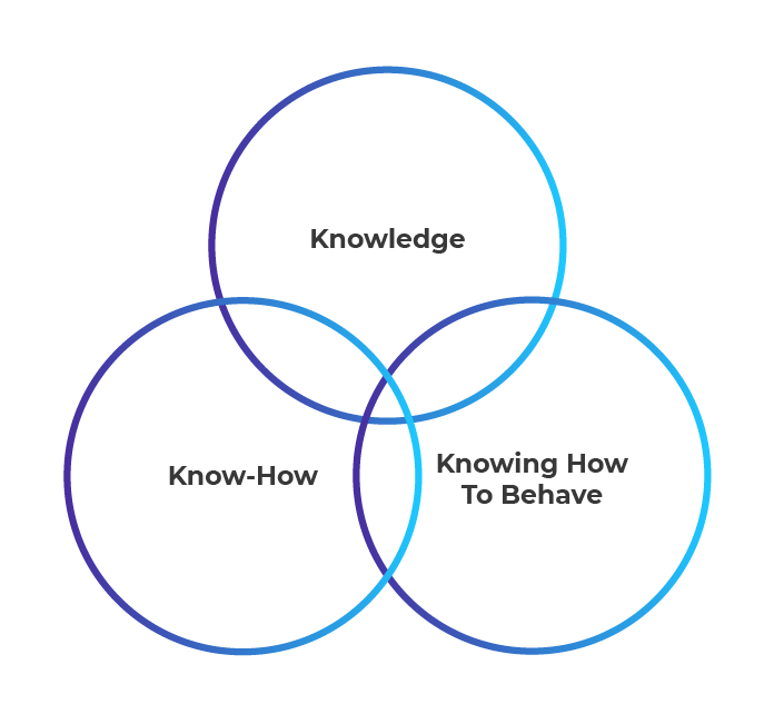 There are 3 overlapping circles. The words knowledge, know-how, knowing how to behave are each in one circle.