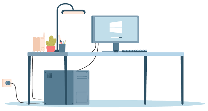 Image d'un poste de travail : écran, ordinateur, clavier, souris.
