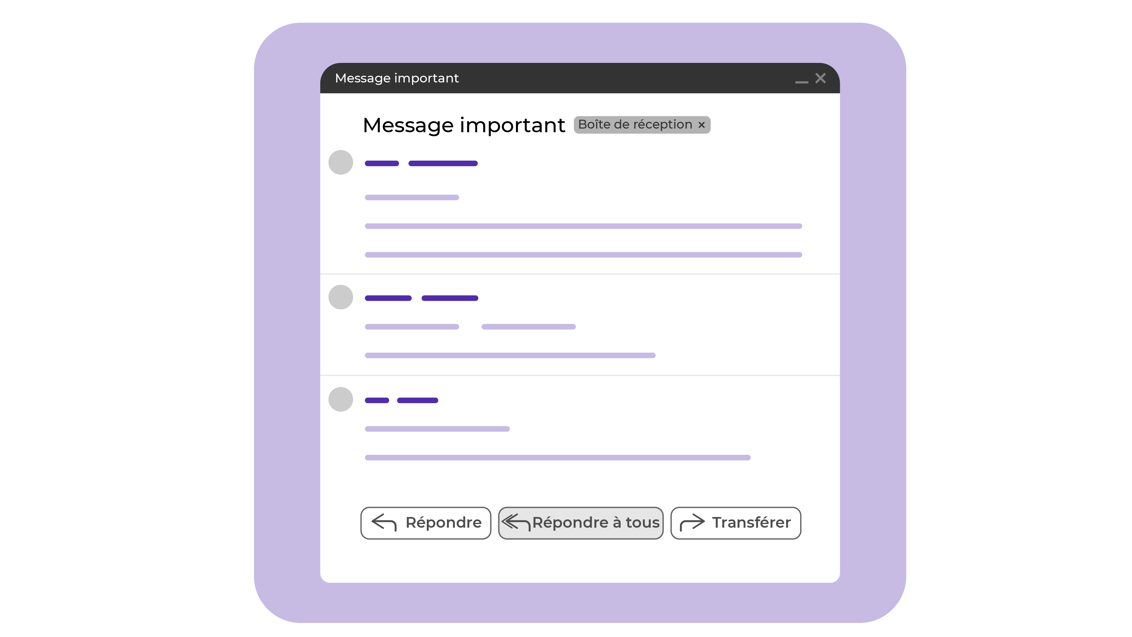 Représentation d'un email type avec les trois boutons de réponses : répondre, répondre à tous, transférer