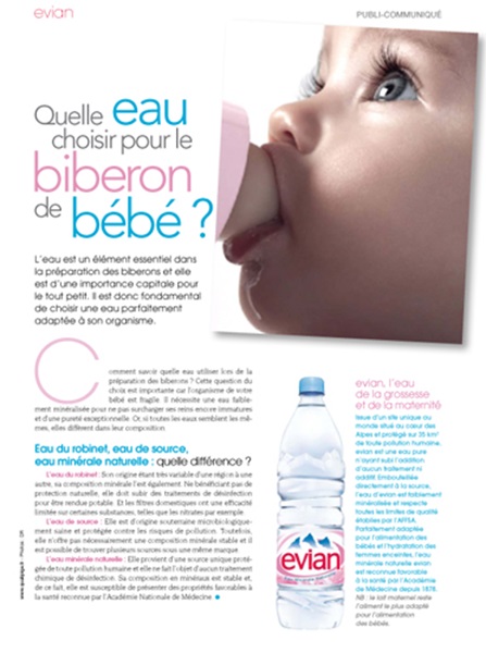 Evian invite ici le consommateur à privilégier son eau pour les nourrissons en détaillant les bienfaits de l’eau minérale naturelle.