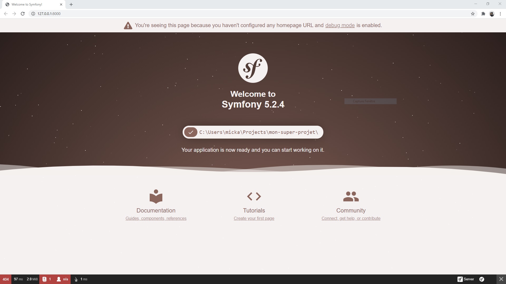 Page d'accueil du framework Symfony