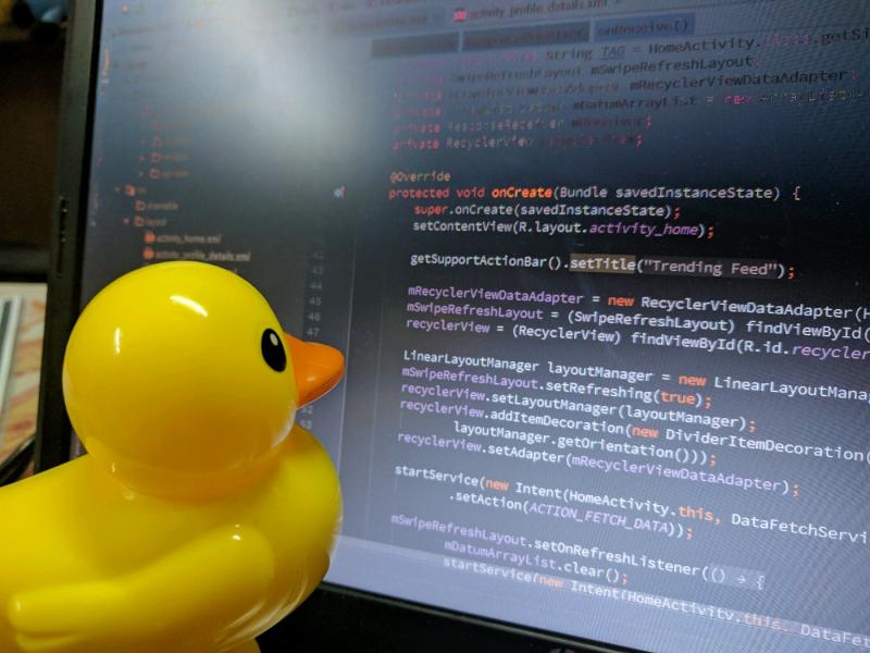 Photo avec un canard en plastique face à un écran d'ordinateur où l'on voit du code informatique