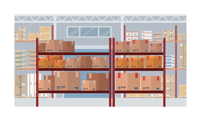 illustration d'un entrepôt avec des cartons posés sur des étagères.