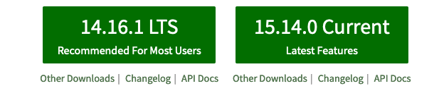 Capture d'écran des boutons de téléchargement de NodeJS