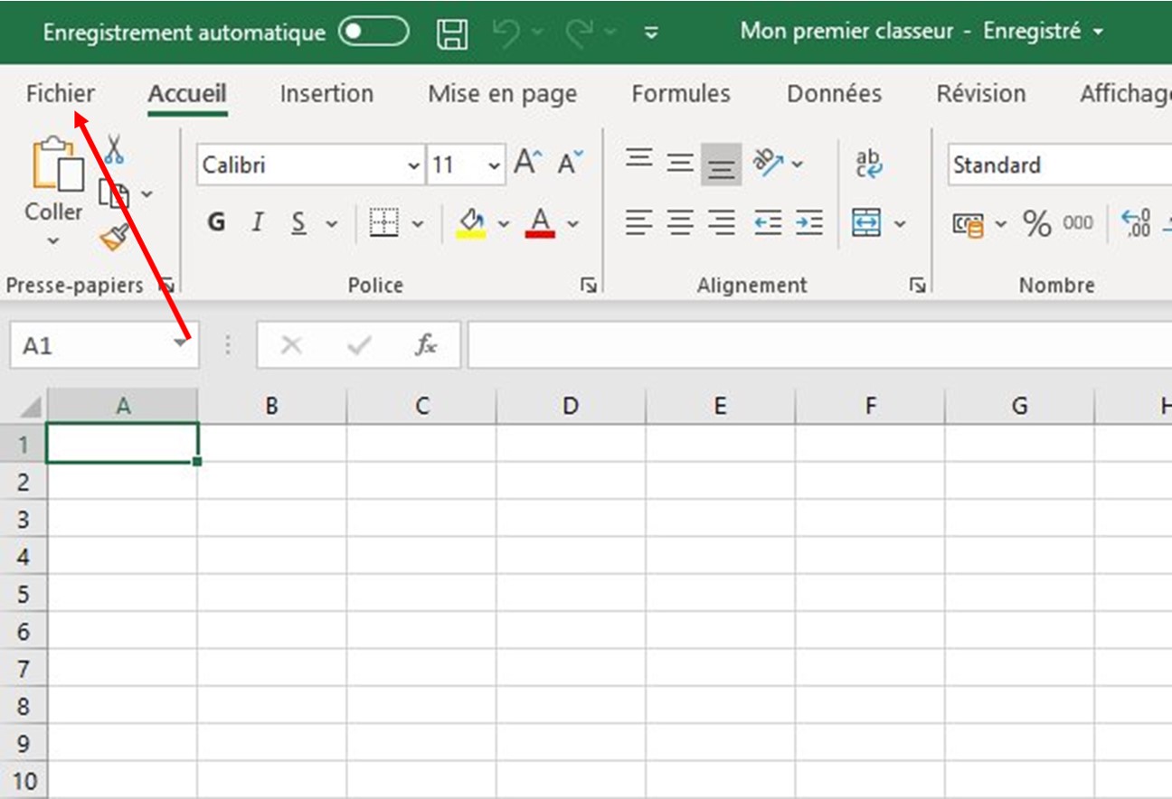 L’onglet fichier permet de revenir à la page Accueil d'Excel