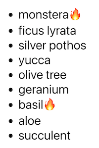 The bullet list of types of plant with monstera and basil followed by a flame emoji while the others have no emoji.