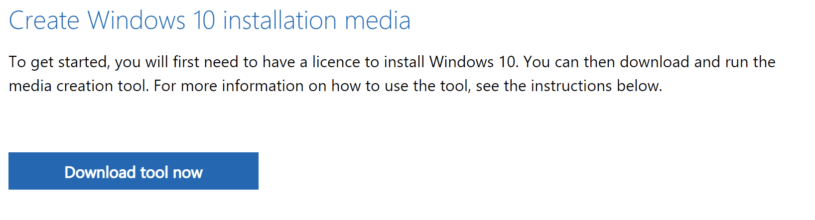 A screenshot of the windows 10 download tool. It has a large blue button that reads: Download tool now.