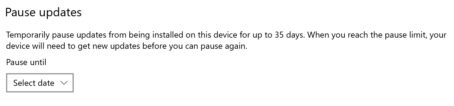 A screenshot of the Pause update menu. There is a button that allows you to select a later date for the installation.