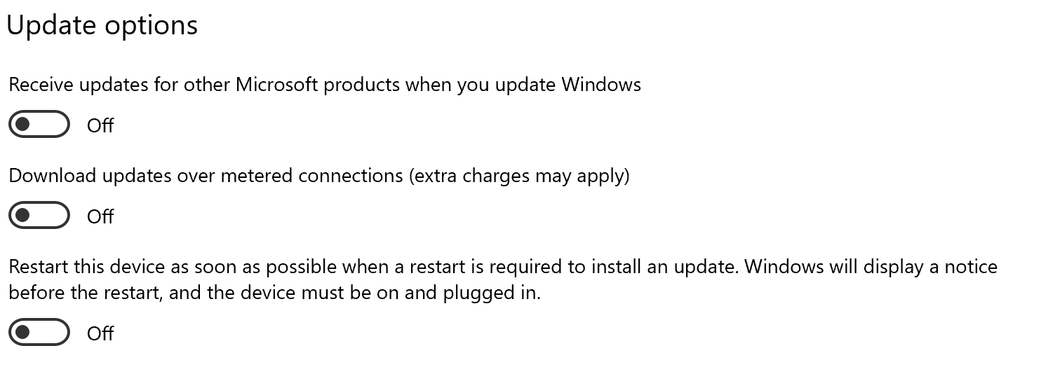 A screenshot of update options that you can turn on and off. They allow you to control when you update and restart your computer.