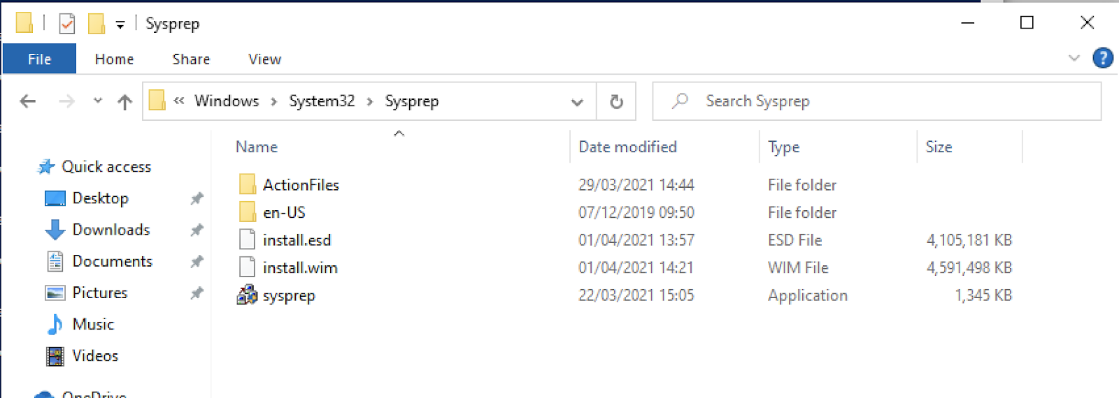 A screenshot of the sysprep folder that shows the install wim file locaion