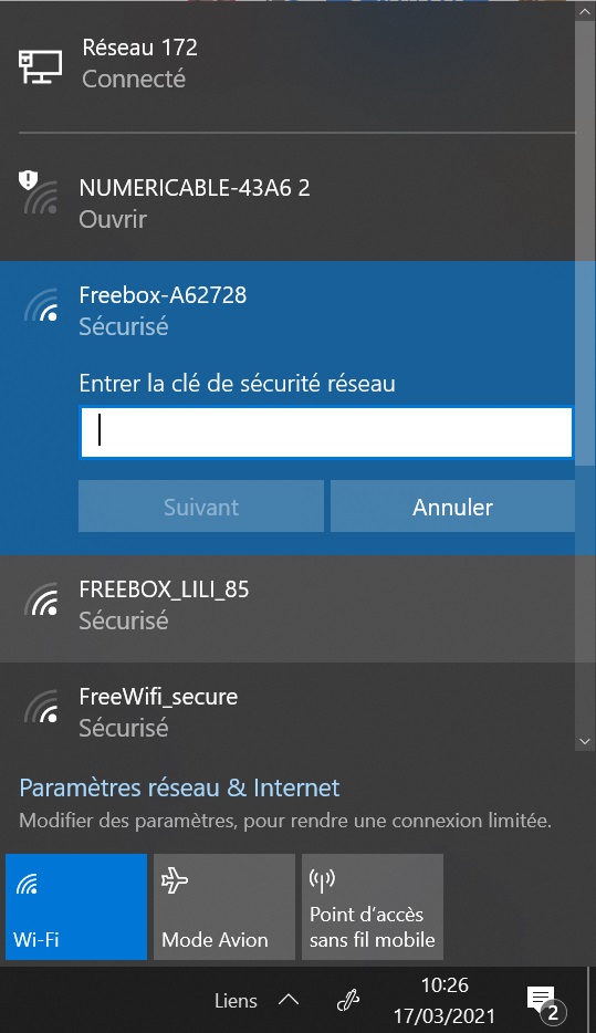 Screenshot de la fenêtre où entrer une clé de sécurité WPA lors d'une connexion