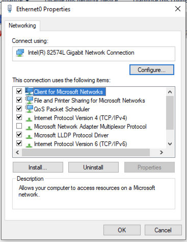A screenshot of the options you can select to modify your network. All options are selected except Microsoft Network Adapter Multiplexor Protocol.
