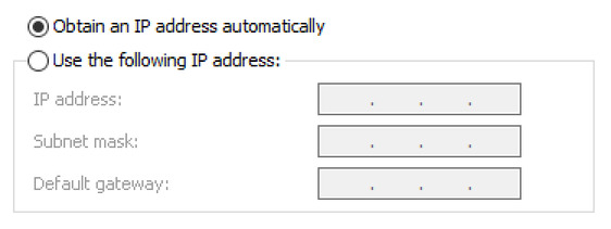 A screenshot of the two options - 1) Obtain an IP address automatically 2) Use the following IP address.