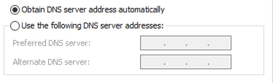 A screenshot of the two options - 1) Obtain DNS server address automatically 2) Use the following DNS server address.