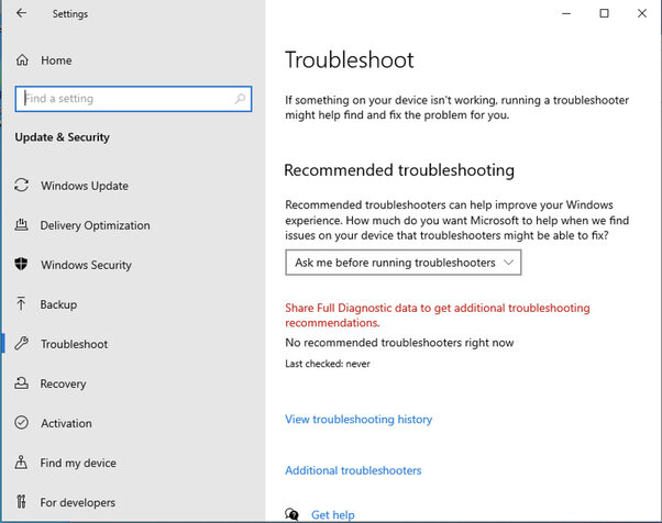 A screenshot of the Windows Troubleshooter menu. It includes recommended troubleshooting options