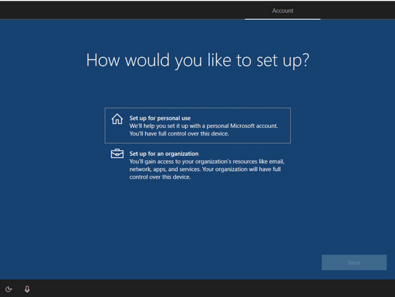A screenshot of the windows audit set up screen that contains 2 options set up for personal use or set up for an organization