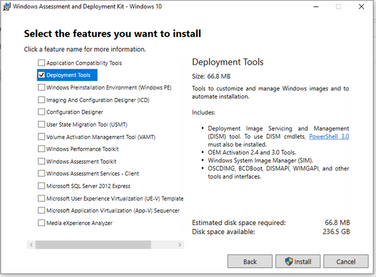 A list of different features that you can select to install. Only one feature is selected deployment tools
