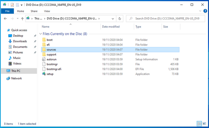 A screenshot that shows the files on the dvd drive d the sources folder is highlighted