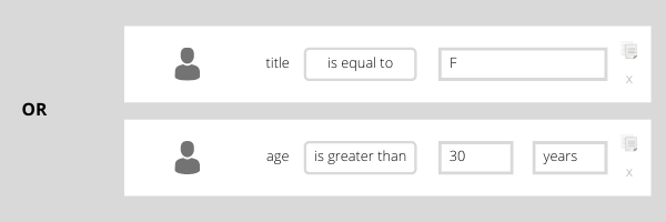 A set of fields that searches by title of female or age of over 30 years old.