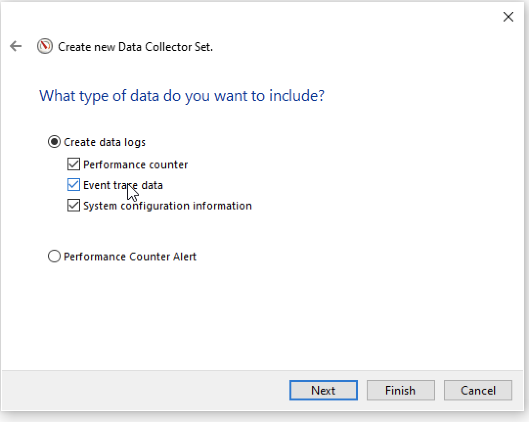 Create data logs is selected and all three boxes below are ticked: for performance counter, event trace data, and system configuration information.
