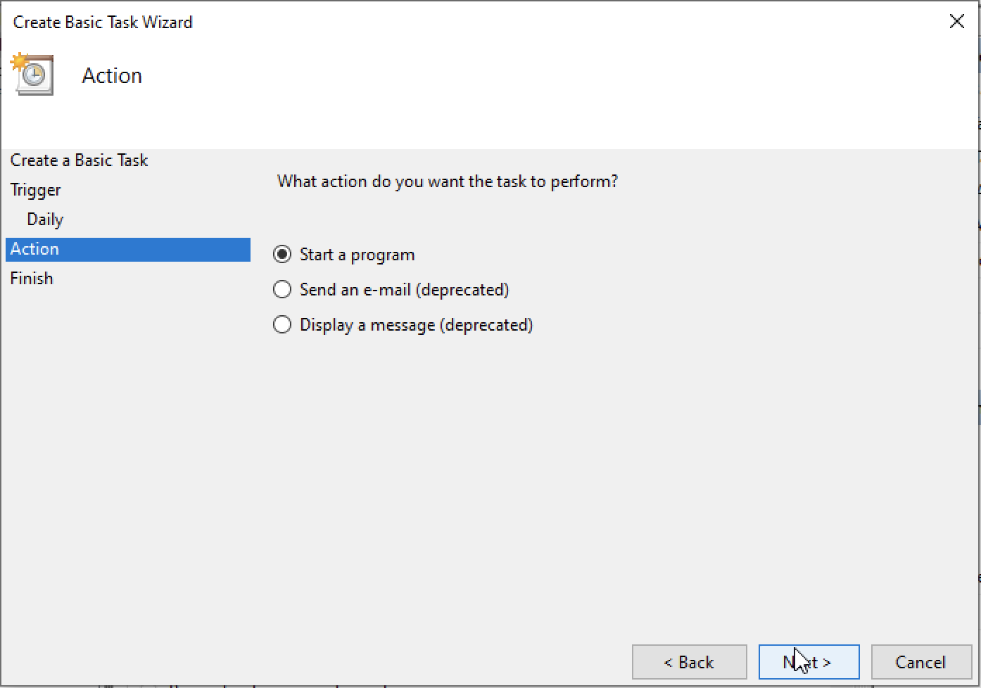 Start a program is one of three options in the Action menu.