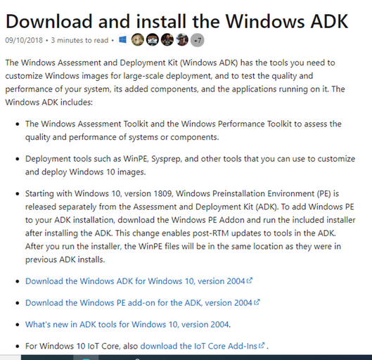 A screenshot of the windows ADK download screen it has 4 links to a download link a whats new link and 2 add on links